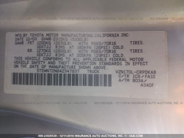 5TEWN72N84Z347837 - 2004 TOYOTA TACOMA XTRACAB SILVER photo 9