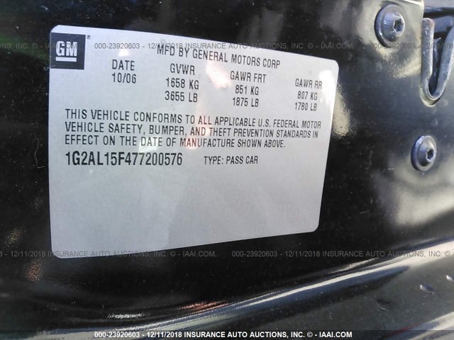 1G2AL15F477200576 - 2007 PONTIAC G5 BLACK photo 9