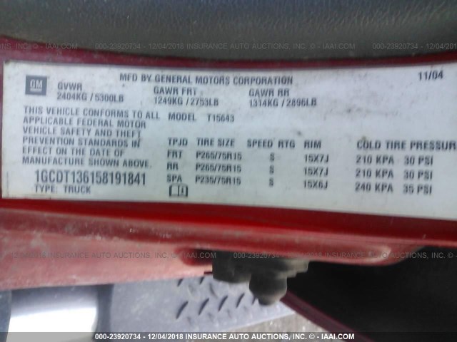 1GCDT136158191841 - 2005 CHEVROLET COLORADO RED photo 9