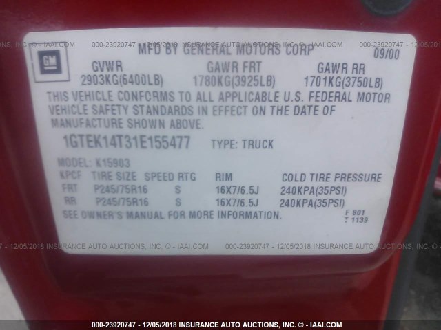 1GTEK14T31E155477 - 2001 GMC NEW SIERRA K1500 RED photo 9