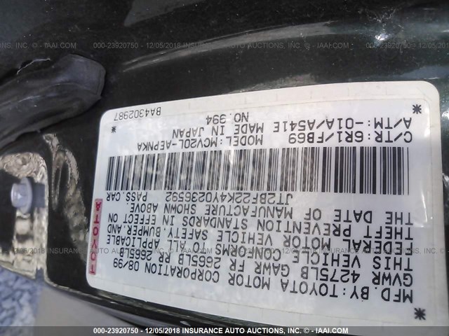 JT2BF22K4Y0236592 - 2000 TOYOTA CAMRY CE/LE/XLE GREEN photo 9