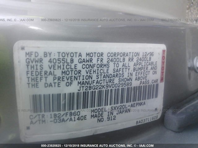 JT2BG22K9V0029589 - 1997 TOYOTA CAMRY LE/XLE GRAY photo 9