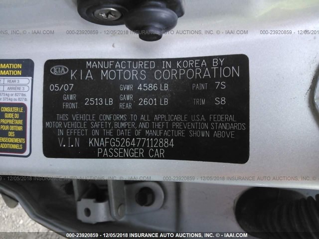 KNAFG526477112884 - 2007 KIA RONDO LX/EX SILVER photo 9