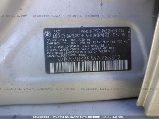 WBAVB33536AZ85502 - 2006 BMW 330 I SILVER photo 9