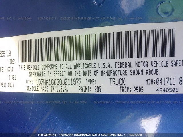 1D7HA16K38J211977 - 2008 DODGE RAM 1500 ST BLUE photo 9