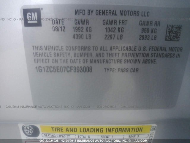 1G1ZC5E07CF393008 - 2012 CHEVROLET MALIBU 1LT SILVER photo 9