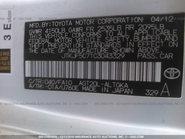 JTKJF5C71C3043329 - 2012 TOYOTA SCION TC WHITE photo 9