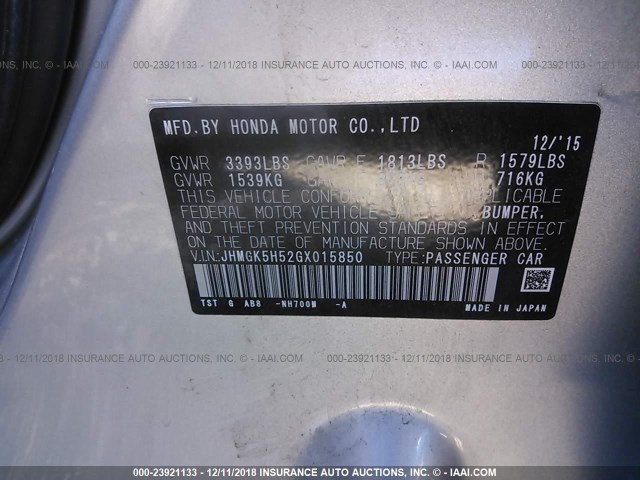 JHMGK5H52GX015850 - 2016 HONDA FIT LX SILVER photo 9