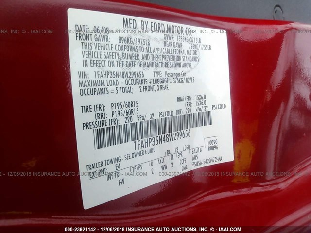 1FAHP35N48W299656 - 2008 FORD FOCUS SE/SEL/SES RED photo 9