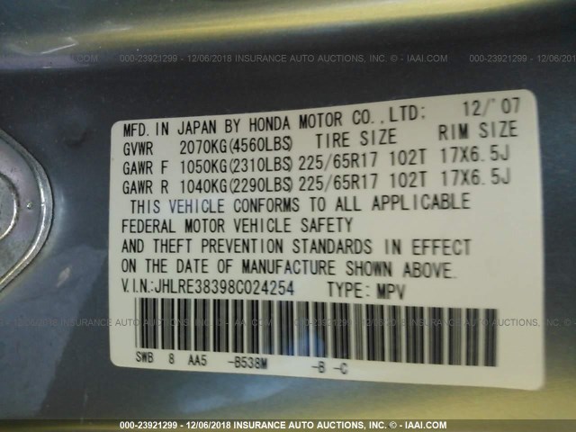 JHLRE38398C024254 - 2008 HONDA CR-V LX SILVER photo 9