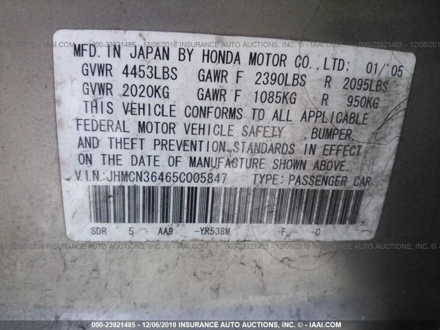 JHMCN36465C005847 - 2005 HONDA ACCORD HYBRID GOLD photo 9