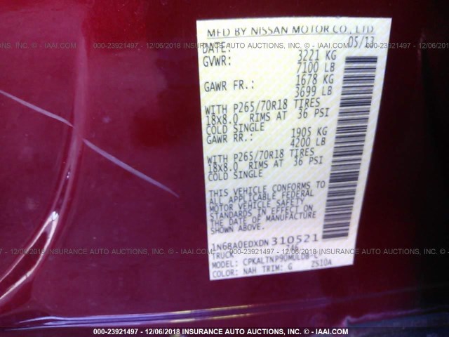 1N6BA0EDXDN310521 - 2013 NISSAN TITAN S/SV/SL/PRO-4X MAROON photo 9