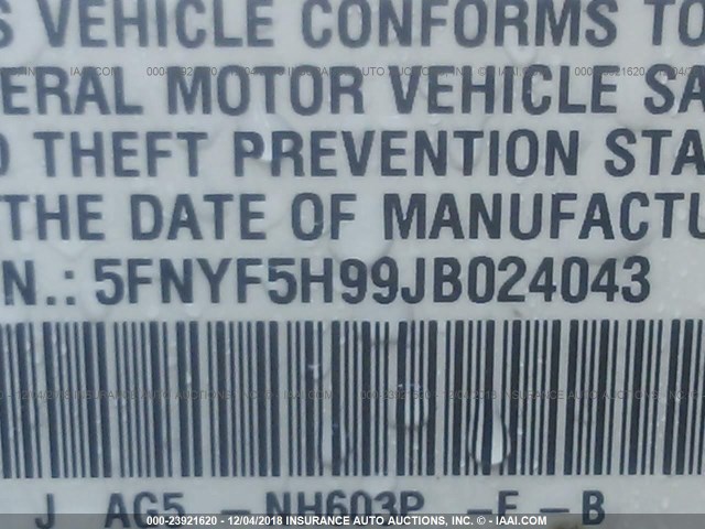 5FNYF5H99JB024043 - 2018 HONDA PILOT TOURING WHITE photo 9