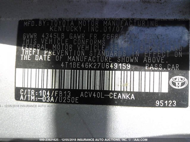 4T1BE46K27U649159 - 2007 TOYOTA CAMRY NEW GENERAT CE/LE/XLE/SE SILVER photo 9