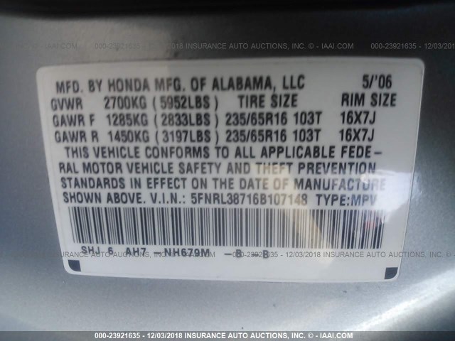 5FNRL38716B107148 - 2006 HONDA ODYSSEY EXL Light Blue photo 9