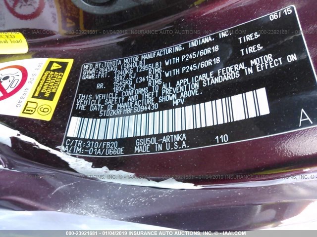 5TDZKRFH8FS094430 - 2015 TOYOTA HIGHLANDER LE/LE PLUS MAROON photo 9