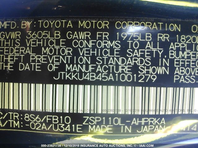 JTKKU4B45A1001279 - 2010 TOYOTA SCION XD BLUE photo 9