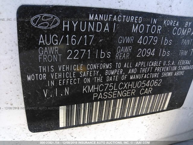 KMHC75LCXHU054062 - 2017 HYUNDAI IONIQ SEL WHITE photo 9