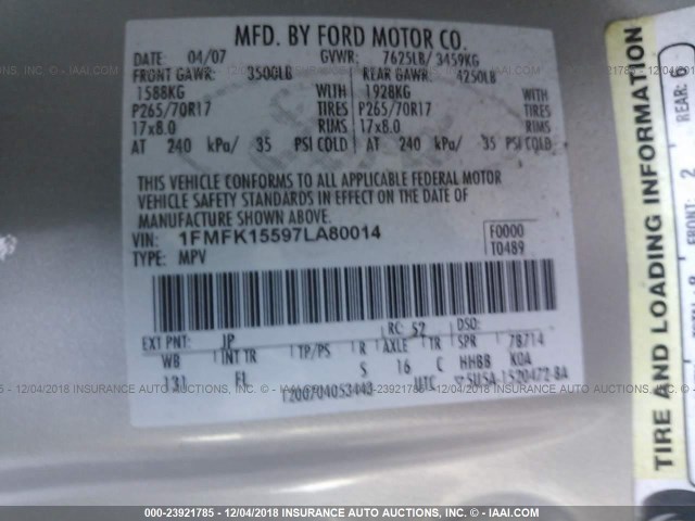 1FMFK15597LA80014 - 2007 FORD EXPEDITION EL XLT SILVER photo 9