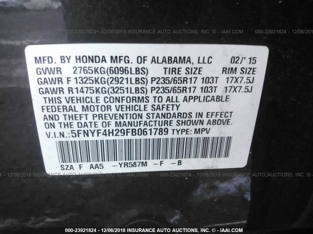 5FNYF4H29FB061789 - 2015 HONDA PILOT LX BROWN photo 9