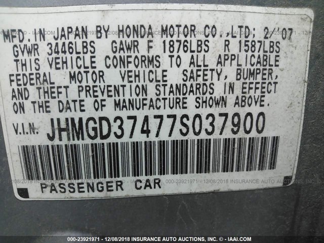 JHMGD37477S037900 - 2007 HONDA FIT SILVER photo 9