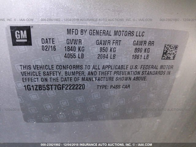 1G1ZB5ST7GF222220 - 2016 CHEVROLET MALIBU LS SILVER photo 9