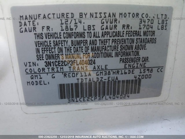 3N1CE2CP3FL404024 - 2015 NISSAN VERSA NOTE S/S PLUS/SV/SL/SR WHITE photo 9