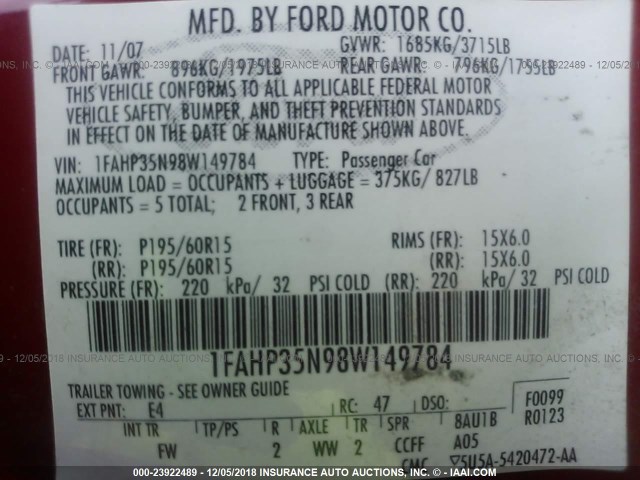1FAHP35N98W149784 - 2008 FORD FOCUS SE/SEL/SES RED photo 9