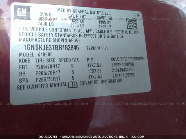 1GNSKJE37BR182846 - 2011 CHEVROLET SUBURBAN K1500 LT MAROON photo 9