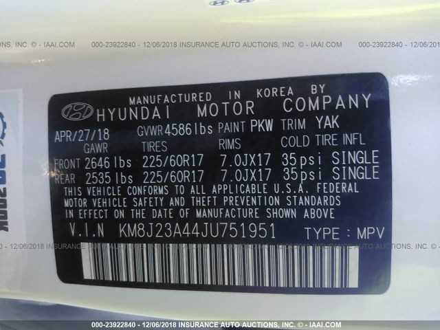 KM8J23A44JU751951 - 2018 HYUNDAI TUCSON SE WHITE photo 9