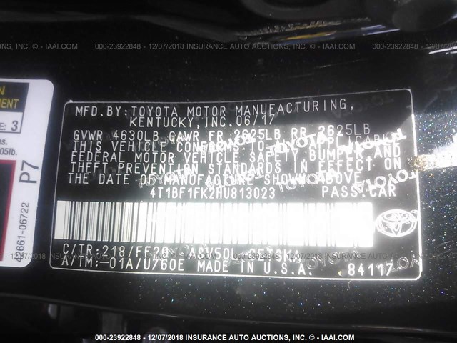 4T1BF1FK2HU813023 - 2017 TOYOTA CAMRY LE/XLE/SE/XSE BLACK photo 9