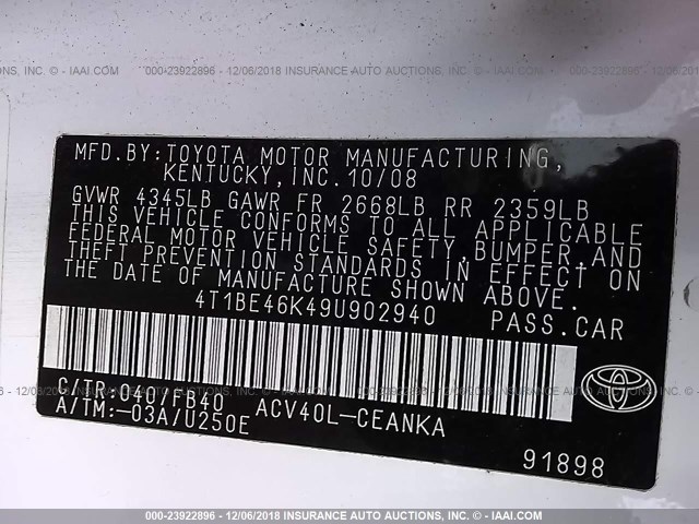 4T1BE46K49U902940 - 2009 TOYOTA CAMRY SE/LE/XLE WHITE photo 9