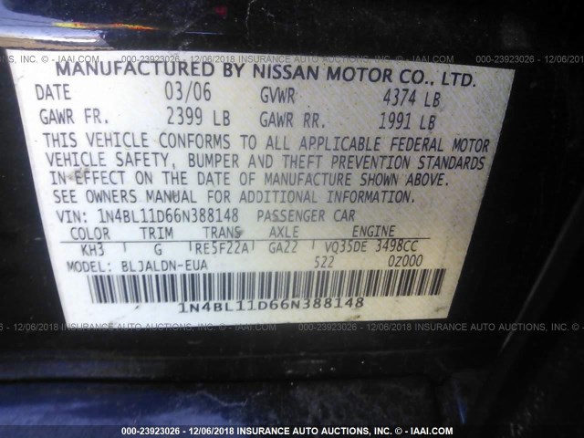 1N4BL11D66N388148 - 2006 NISSAN ALTIMA SE/SL/SE-R BLACK photo 9