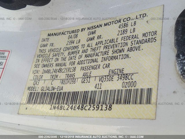 1N4BL24E48C259138 - 2008 NISSAN ALTIMA 3.5SE WHITE photo 9