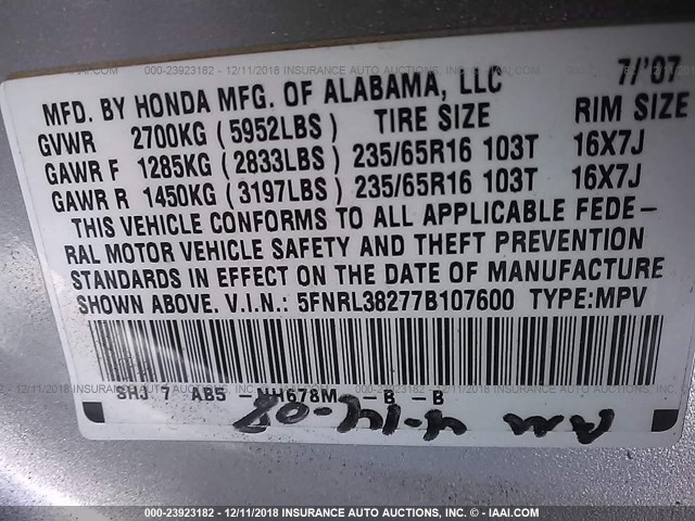 5FNRL38277B107600 - 2007 HONDA ODYSSEY LX SILVER photo 9