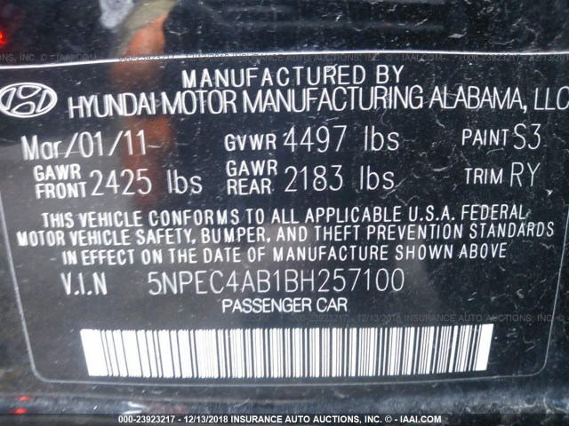 5NPEC4AB1BH257100 - 2011 HYUNDAI SONATA SE/LIMITED BLACK photo 9