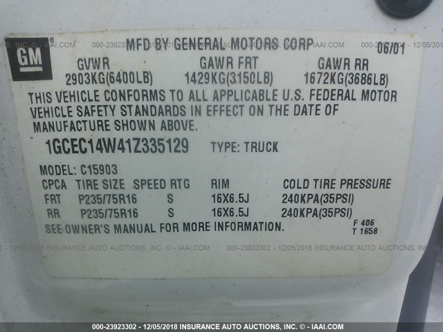 1GCEC14W41Z335129 - 2001 CHEVROLET SILVERADO C1500 WHITE photo 9