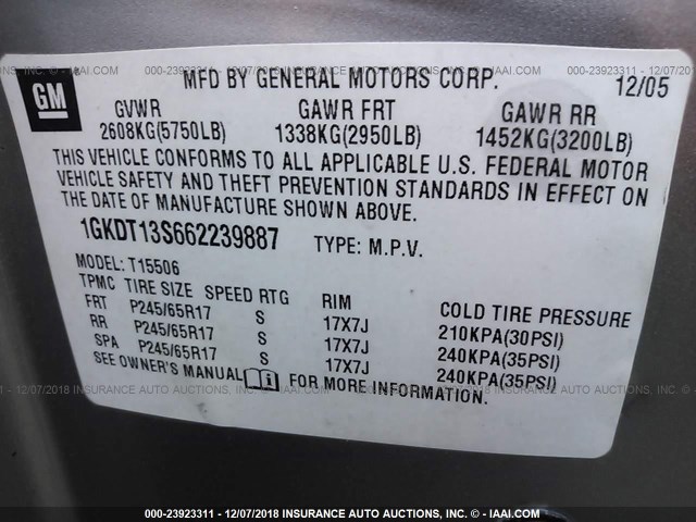 1GKDT13S662239887 - 2006 GMC ENVOY SILVER photo 9