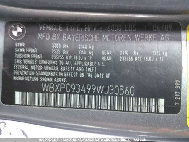 WBXPC93499WJ30560 - 2009 BMW X3 XDRIVE30I GRAY photo 9