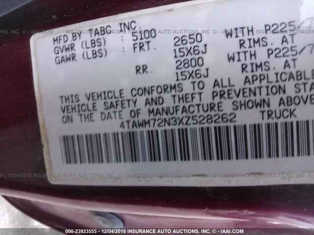 4TAWM72N3XZ528262 - 1999 TOYOTA TACOMA XTRACAB RED photo 9