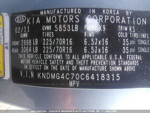 KNDMG4C70C6418315 - 2012 KIA SEDONA LX BLUE photo 9