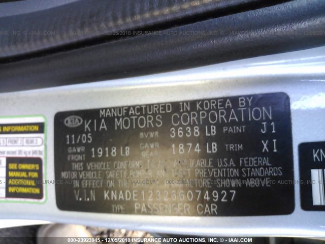 KNADE123266074927 - 2006 KIA RIO BLUE photo 9