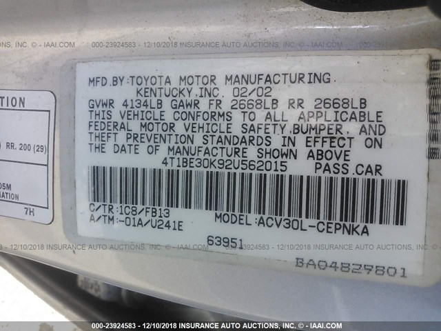 4T1BE30K92U562015 - 2002 TOYOTA CAMRY LE/XLE/SE SILVER photo 9