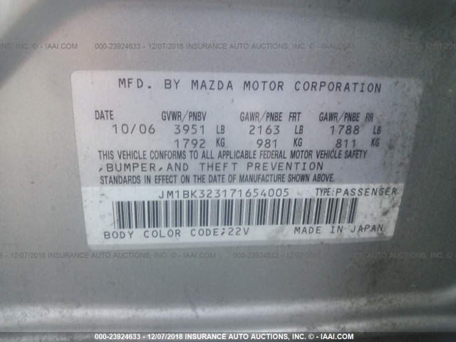 JM1BK323171654005 - 2007 MAZDA 3 S SILVER photo 9