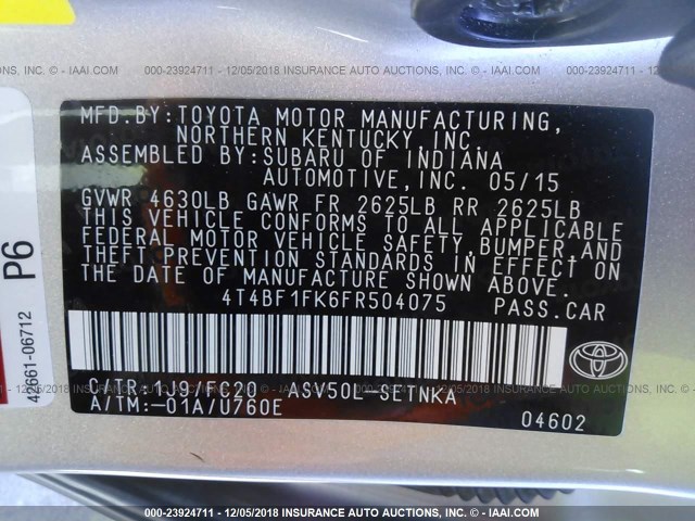 4T4BF1FK6FR504075 - 2015 TOYOTA CAMRY LE/XLE/SE/XSE SILVER photo 9