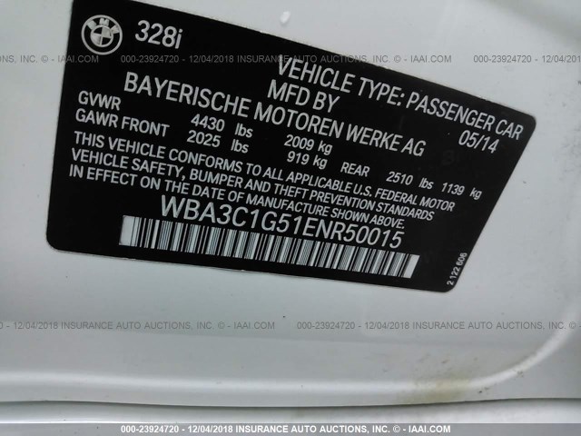 WBA3C1G51ENR50015 - 2014 BMW 328 I SULEV WHITE photo 9