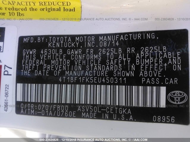 4T1BF1FK5EU450311 - 2014 TOYOTA CAMRY L/SE/LE/XLE 白色 照片 9