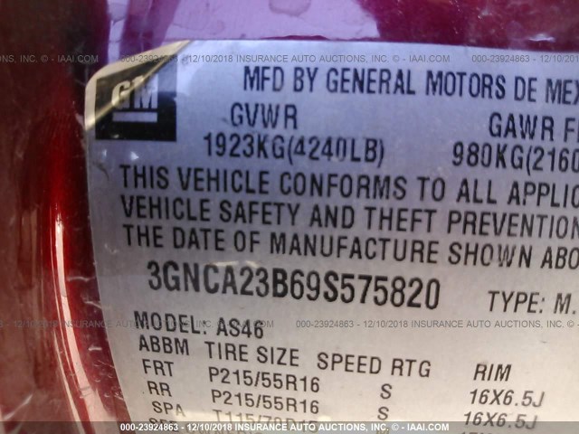 3GNCA23B69S575820 - 2009 CHEVROLET HHR LT MAROON photo 9