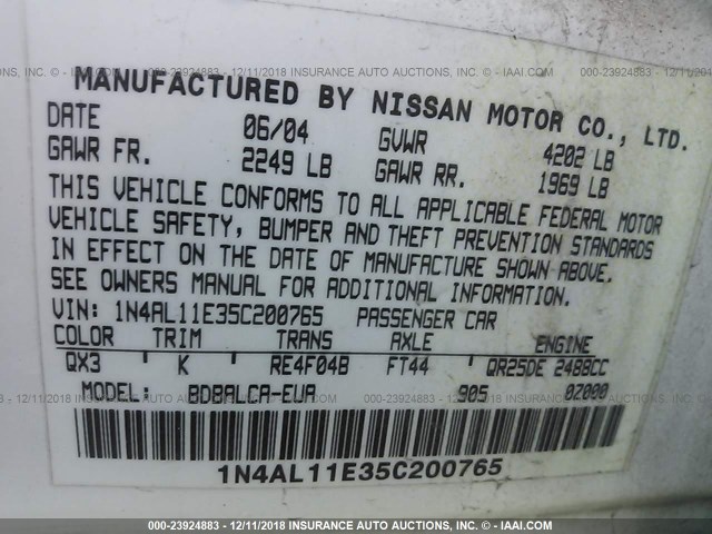 1N4AL11E35C200765 - 2005 NISSAN ALTIMA S/SL WHITE photo 9