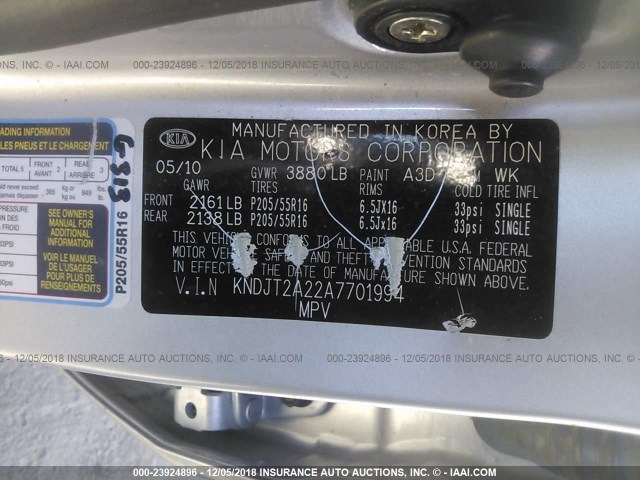 KNDJT2A22A7701994 - 2010 KIA SOUL +/!/SPORT SILVER photo 9